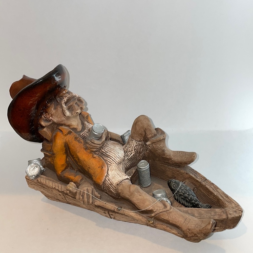 Vintage 1987 Shade Tree Creations Hand Carved Cowboy Sleeping in Boat De…